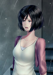  black_hair breasts chinese_commentary cleavage commentary crying female kai_(link2262) kotonoha_no_niwa medium_breasts photoshop_(medium) rain short_hair solo yukino_yukari 