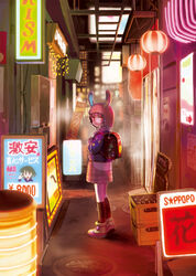  alley animal_hat ankle_boots backpack bag bag_charm black_socks blurry bokeh boots charm_(object) crate depth_of_field expressionless female from_side hat highres holding_strap kneehighs kouka_(mrakano5456) lantern long_sleeves looking_at_viewer looking_back manhole_cover neon_lights original outdoors overhead_door paper_lantern photoshop_(medium) pink_hair rabbit_hat randoseru red_eyes shop short_hair sign skirt smoke socks solo standing star_(symbol) translation_request 