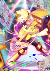  alternate_color alternate_eye_color bad_id bad_pixiv_id blonde_hair boots commentary_request em_wave_change_(mega_man) female gloves guitar harp_note_(mega_man) heart helmet instrument mega_man_(series) mega_man_star_force mega_man_star_force_2 microphone music musical_note novady open_mouth pantyhose scarf short_hair singing smile solo sonia_strumm_(mega_man) speaker visor yellow_eyes yellow_gloves 