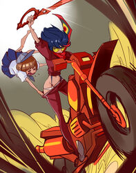  2girls assisted_exposure clothes_pull commentary_request hat highres jacket kill_la_kill mankanshoku_mako matoi_ryuuko midriff motor_vehicle motorcycle multiple_girls panties pants pants_pull pantsing pulling_another&#039;s_clothes scarf school_uniform scissor_blade_(kill_la_kill) senketsu senketsu_(scarf) serafuku short_hair skirt sunglasses supandaman suspenders track_jacket track_pants track_suit underwear white_panties 