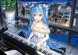  artist_name bare_shoulders blue_eyes blue_hair blush breasts city cleavage commentary_request female hair_ribbon hatsune_miku instrument long_hair looking_at_viewer medium_breasts music night parted_lips piano plant playing_instrument popuru potted_plant ribbon sheet_music smile twintails vocaloid white_ribbon 