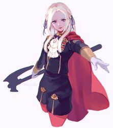  ascot axe blonde_hair blue_eyes cape commentary_request edelgard_von_hresvelg female fire_emblem fire_emblem:_three_houses garreg_mach_monastery_uniform gloves hair_ribbon highres long_hair looking_at_viewer pantyhose rheamii ribbon simple_background smile solo uniform weapon white_background 