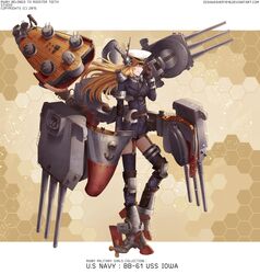  absurdres anchor blonde_hair commentary dishwasher1910 english_commentary female garter_straps hat headgear highres kantai_collection long_hair mecha_musume military military_uniform parody peaked_cap propeller rwby solo turret uniform uss_iowa_(bb-61) yang_xiao_long 