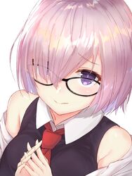  black-framed_eyewear breasts commentary fate/grand_order fate_(series) female glasses hair_between_eyes hair_over_one_eye highres looking_at_viewer mash_kyrielight necktie own_hands_clasped own_hands_together pink_hair red_necktie reuri_(tjux4555) short_hair simple_background solo upper_body white_background 