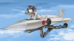  aircraft airplane ass black_hair blue_eyes blue_sky bodysuit cloud commentary_request day f-104_starfighter female flying helmet japan kuuro_kuro mecha military missile original pilot pilot_suit robot science_fiction short_hair sky smile solo spacesuit vehicle_focus 