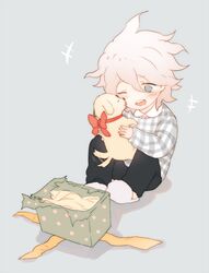  1boy aged_down ahoge animal black_pants blush canine commentary danganronpa_(series) danganronpa_2:_goodbye_despair danganronpa_3_(anime) full_body fur gift hair_between_eyes happy holding holding_animal komaeda_nagito licking licking_another&#039;s_face lolicon long_sleeves male_focus medium_hair one_eye_closed pants plaid plaid_sweater puppy red_ribbon ribbon shell_(shell518) shoes simple_background sitting sweater teeth upper_teeth_only white_footwear white_hair 