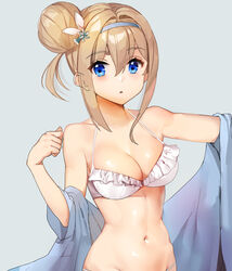  bad_id bad_pixiv_id bikini blue_eyes breasts cleavage female frills girls&#039;_frontline grey_background hair_between_eyes hair_bun hair_ornament hairband halterneck light_brown_hair medium_breasts navel official_alternate_costume parted_lips short_hair shovelwell simple_background single_hair_bun single_side_bun solo suomi_(girls&#039;_frontline) suomi_(midsummer_pixie)_(girls&#039;_frontline) swimsuit white_bikini 