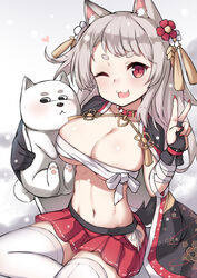  absurdres animal_ears azur_lane breasts canine cleavage coat collar commentary_request dog_ears female fingerless_gloves floral_print flower gloves grey_hair hair_flower hair_ornament heart highres large_breasts long_hair looking_at_viewer midriff miniskirt navel oerba_yun_fang official_alternate_costume one_eye_closed open_mouth panties photoshop_(medium) red_eyes sarashi shou_jian_yu side-tie_panties sitting skirt snow solo spiked_collar spikes thighhighs underwear v white_thighhighs yuudachi_(azur_lane) yuudachi_(shogun_of_snowballs)_(azur_lane) zettai_ryouiki 