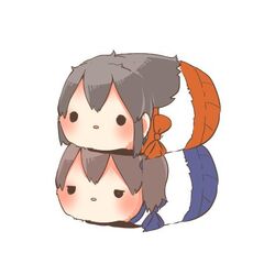  2girls akagi_(kancolle) black_hair blush brown_hair chibi commentary_request disney_tsum-tsum jitome kaga_(kancolle) kantai_collection long_hair looking_to_the_side lowres lying lying_on_person multiple_girls no_nose open_mouth rebecca_(keinelove) short_hair side_ponytail solid_circle_eyes tsum-tsum white_background 