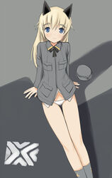  animal_ears blonde_hair blue_eyes cat_ears cat_girl commentary_request female garrison_cap hat helma_lennartz highres kuuro_kuro long_hair looking_up military military_uniform panties sitting smile solo strike_witches:_suomus_misfits_squadron underwear uniform unworn_hat unworn_headwear white_panties world_witches_series 