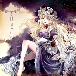  album_cover artist_name bare_legs bare_shoulders barefoot beads blonde_hair blush bow breasts choker commentary_request cover dress eyelashes female floating_hair gap_(touhou) gloves hairbow hat hat_ribbon hatsunetsumiko&#039;s jewelry knee_up lace lace-trimmed_dress lace-trimmed_sleeves lace_trim light_particles long_hair looking_at_viewer looking_away mob_cap mochinue off-shoulder_dress off_shoulder parasol parted_lips puffy_short_sleeves puffy_sleeves purple_dress purple_eyes red_bow red_ribbon ribbon ribbon_choker sash see-through short_sleeves sitting small_breasts solo string teardrop touhou umbrella very_long_hair wavy_hair white_bow white_gloves white_ribbon yakumo_yukari 