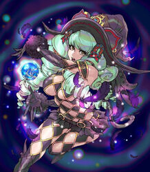  argyle_clothes argyle_cutout argyle_legwear black_gloves clothing_cutout drill_hair elbow_gloves feathers female fiore_brunelli gloves green_hair hair_ornament hat lipstick long_hair magic makeup microskirt nishimura_kinu official_art orb photoshop_(medium) revealing_clothes skirt solo star_ocean star_ocean_integrity_and_faithlessness tail twin_drills witch_hat yellow_eyes 