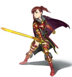  armor brown_eyes brown_hair cape clenched_hand commentary female flaming_sword flaming_weapon full_body glowing_hot holding holding_sword holding_weapon knight leg_armor looking_afar medium_hair metal_gloves original ornate_armor plate_armor ponytail purple_cape shadow simple_background slashing solo standing sword wasabi60 weapon white_background 