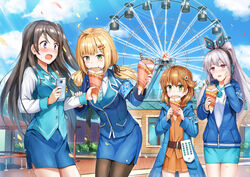  4girls amusement_park animal_ear_headphones animal_ears ann_(krt_girls) black_hair black_legwear blonde_hair blue_necktie blue_skirt blush breasts brown_hair cellphone commentary_request crepe eating emilia_(krt_girls) fake_animal_ears ferris_wheel food green_eyes headphones high_ponytail himonoata holding holding_phone hood hoodie krt_girls large_breasts long_hair long_sleeves looking_at_another looking_away low_twintails multiple_girls nana_(krt_girls) necktie official_art one_side_up orange_skirt outdoors pantyhose parted_lips pencil_skirt phone ponytail purple_eyes rabbit_ear_headphones red_eyes short_hair silver_hair skirt smartphone smile striped striped_necktie twintails unzipped xiao_qiong 