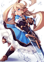  :o blonde_hair blue_eyes blue_skirt charlotta_(granblue_fantasy) circle_skirt commentary_request crown female full_body gauntlets granblue_fantasy harvin holding holding_sword holding_weapon long_hair looking_away opanchu_(hakusen) open_mouth pointy_ears simple_background skirt solo sword very_long_hair weapon white_background 