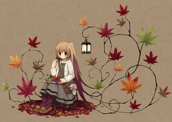  autumn autumn_leaves bag book branch dress female floral_print food fruit green_eyes jacket jewelry lantern leaf long_hair maple_leaf multicolored_hair necklace open_clothes open_jacket original pantyhose print_pantyhose shadow shoulder_bag sitting solo tozaki_makoto twintails 