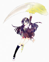  black_hair blue_eyes blush breasts female hair_ornament kyoukai_no_rinne open_mouth scythe shima_renge shoes skirt socks weapon 