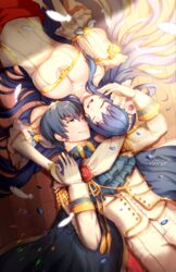  1boy alternate_costume artist_name blue_hair breasts caeda_(bridal)_(fire_emblem) caeda_(fire_emblem) cape cleavage closed_eyes commentary couple covered_navel dress feathers female fire_emblem fire_emblem:_mystery_of_the_emblem fire_emblem:_new_mystery_of_the_emblem fire_emblem_heroes flower formal happy highres holding_hands husband_and_wife long_hair looking_at_another marth_(fire_emblem) marth_(groom)_(fire_emblem) one_eye_closed petals smile straight streyah very_long_hair wedding_dress 