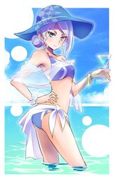  alcohol bikini blue_bikini blue_eyes bracelet breasts cocktail_glass commentary_request cup curly_hair drinking_glass female glaring hand_on_own_hip hat iesupa jewelry mature_female ring rwby sarong scarf scrunchie see-through solo sun_hat swimsuit wading water wedding_ring white_hair willow_schnee wine wrist_scrunchie 