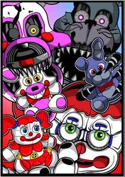  2018 absurd_res animatronic anthro bonnie_(fnaf) canid canine circus_baby_(fnaf) digital_media_(artwork) female five_nights_at_freddy&#039;s five_nights_at_freddy&#039;s_4 fox glowing glowing_eyes green_eyes group hi_res humanoid lagomorph leporid machine male mammal nightmare_bonnie_(fnaf) nightmare_mangle_(fnaf) plushie rabbit robot scottgames shu_20625 simple_background sister_location teeth ultimate_custom_night 