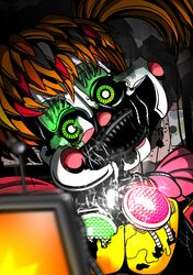  2018 absurd_res animatronic creepy digital_media_(artwork) female five_nights_at_freddy&#039;s freddy_fazbear&#039;s_pizzeria_simulator glowing glowing_eyes hi_res humanoid looking_at_viewer machine not_furry robot scottgames scrap_baby_(fnaf) shu_20625 simple_background solo 