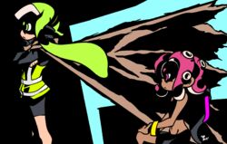  2girls 3d_rod! agent_3_(splatoon) agent_8_(splatoon) cape commentary crossed_arms dark-skinned_female dark_skin green_hair groin inkling inkling_girl inkling_player_character jacket looking_to_the_side midriff multiple_girls navel octoling octoling_player_character on_one_knee parody pink_hair serious shaded_face splatoon_(series) splatoon_2 splatoon_2:_octo_expansion squidbeak_splatoon standing tengen_toppa_gurren_lagann tentacle_hair 