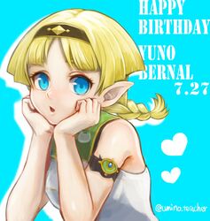  bad_id bad_twitter_id birthday blonde_hair blue_eyes braid commentary_request dated elf female happy_birthday highres juno_bernal looking_at_viewer open_mouth pointy_ears pop-up_story solo st._feles_gakuen_uniform twin_braids twitter_username umino_kiri 