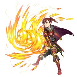  armor brown_eyes brown_hair cape clenched_hand commentary female fire flaming_sword flaming_weapon full_body glowing_hot holding holding_sword holding_weapon knight leg_armor looking_afar medium_hair metal_gloves original ornate_armor plate_armor ponytail powering_up purple_cape simple_background slashing solo standing sword wasabi60 weapon white_background 