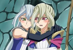  2girls blonde_hair blush elbow_gloves gloria_tyler gloves grace_tyler green_eyes hug long_hair multiple_girls red_eyes siblings silver_hair sisters smile tagme thighhighs twins yu-gi-oh! yuu-gi-ou_arc-v 