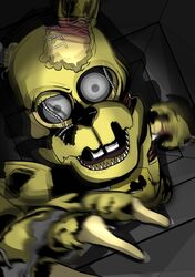  2018 absurd_res animatronic bone buckteeth crawling digital_media_(artwork) five_nights_at_freddy&#039;s freddy_fazbear&#039;s_pizzeria_simulator grey_eyes hi_res lagomorph leporid lying machine male mammal metallic_body motion_blur on_front open_mouth rabbit robot scottgames scraptrap_(fnaf) sharp_teeth shu_20625 simple_background skull skull_head teeth vent william_afton_(fnaf) wire 