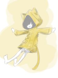  barefoot black_hair cat_ears coat hair_over_eyes little_nightmares oerba_yun_fang raincoat six_(little_nightmares) solo tail 