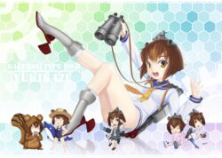  absurdres alternate_costume animal_costume animal_print bear_print binoculars blush brown_eyes brown_hair china_dress chinese_clothes commentary_request dress female hair_ornament highres kantai_collection looking_at_viewer majicjiang open_mouth original_remodel_(kantai_collection) pajamas panda_print sailor_dress school_swimsuit short_hair smile solo squirrel_costume swimsuit tan_yang_(kancolle) turret yukikaze_(kancolle) 