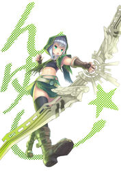  bow_(weapon) commentary_request fantasy_earth fantasy_earth_zero female fingerless_gloves gloves green_eyes grey_hair highres hood midriff ryouku scout_(fantasy_earth) scout_(hamil_outfit)_(fantasy_earth_zero) short_hair solo thighhighs weapon 