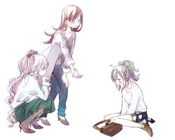  3girls alternate_costume alternate_hairstyle bad_id bad_pixiv_id bag black_pantyhose blush bow brown_eyes brown_hair collarbone collared_shirt commentary_request earrings floral_print full_body fur_sweater green_bow green_eyes green_hair green_skirt hairbow handbag high_heels ichinashi jacket jewelry kantai_collection loafers long_hair long_sleeves multiple_girls necklace ooi_(kancolle) open_mouth outstretched_arm pants pantyhose pink_hair pleated_skirt pointing reaching ribbed_sweater shirt shoes simple_background sitting skirt smile squatting squiggle standing straight_hair sweatdrop sweater very_long_hair wariza wavy_hair white_background white_shirt yura_(kancolle) yuubari_(kancolle) 