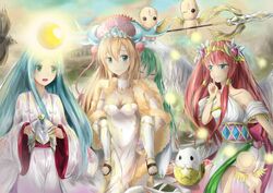  4girls amaterasu_(p&amp;d) aqua_eyes aqua_hair athena_(p&amp;d) bad_id bad_pixiv_id bare_shoulders blonde_hair blue_eyes bracelet breasts closed_eyes green_eyes green_hair hair_tubes headdress heart helmet japanese_clothes jewelry kimono konka long_hair medium_breasts multiple_girls one_eye_closed open_mouth puzzle_&amp;_dragons red_hair robe sakuya_(p&amp;d) sandals smile tamadra unworn_headwear unworn_helmet venus_(p&amp;d) wings 