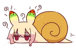  @_@ antennae blonde_hair blush commentary_request female full_body hair_between_eyes highres human_head kemomimi-chan_(naga_u) leucochloridium_paradoxum looking_at_viewer monster_girl naga_u original parasite red_eyes shaded_face shadow sidelocks snail snail_shell solo white_background 