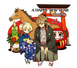  1boy bamboo blonde_hair blue_eyes brown_eyes brown_hair chinese_zodiac commentary_request female frederica_irving haruyasai_(sanbunno) highlander_(sekaiju) horse japanese_clothes kadomatsu kagami_mochi nengajou new_year sekaiju_no_meikyuu shin_sekaiju_no_meikyuu torii year_of_the_horse 