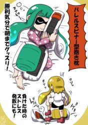  2girls angry aqua_hair barefoot bike_shorts blonde_hair closed_eyes commentary dakimakura_(object) dated gun heavy_splatling_(splatoon) highres inkling inkling_girl inkling_player_character long_hair lying multiple_girls on_side pajamas pants pillow pointy_ears polka_dot puff_of_air shirt signature smile splatoon_(series) splatoon_1 stepped_on t-shirt tentacle_hair translated usa_(dai9c_carnival) weapon white_shirt 