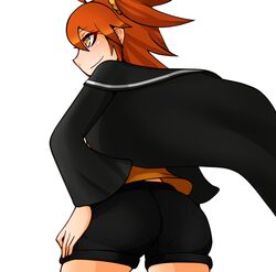  ahoge artist_request ass brown_eyes cape capelet fate/grand_order fate_(series) female female_protagonist_(fate/grand_order) jacket orange_hair pantylines scrunchie shorts side_ponytail smile solo 