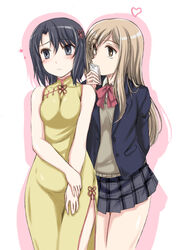  2girls adachi_sakura adachi_to_shimamura black_eyes black_hair blazer blush bow brown_eyes brown_hair cellphone china_dress chinese_clothes commentary_request dress dress_shirt hair_ornament heart highres holding jacket long_dress long_hair looking_at_another miniskirt multiple_girls phone photoshop_(medium) plaid plaid_skirt pleated_skirt school_uniform shimamura_hougetsu shirt short_hair side-by-side skirt sleeveless sleeveless_dress smartphone standing sweater v-neck wan&#039;yan_aguda white_shirt yellow_dress yuri 