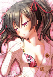  2013 alto_seneka blush bow bow_bra bra breasts brown_hair circle_name cleavage collarbone commentary_request english_text eyelashes female hair_ribbon heart jacket long_hair looking_away love_live! love_live!_school_idol_project md5_mismatch medium_breasts nail_polish off_shoulder open_clothes open_mouth open_shirt parted_lips photoshop_(medium) pink_nails red_eyes ribbon shirt sleeves_past_wrists solo striped_bra striped_clothes twintails underwear upper_body yazawa_nico 