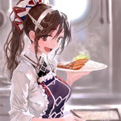  :d adapted_costume alternate_hairstyle apron ashigara_(kancolle) ashigara_kai_ni_(kancolle) blurry bob_(biyonbiyon) brown_eyes brown_hair chopsticks curry curry_rice depth_of_field fangs female food frilled_apron frills hair_between_eyes hair_up hairband holding holding_plate imageboard_desourced kantai_collection katsu_curry long_hair lowres non-web_source official_art open_mouth plate ponytail porthole rice shirt sidelocks smile solo steam teeth upper_body white_shirt window 