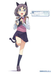  absurdres animal_ears bag blue_eyes blush book bow cat_ears female glasses grey_hair highres holding holding_book kanzaki_hiro open_mouth running school_bag school_uniform skirt socks solo speech_bubble tabgraphics tail 