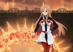  2girls asuna_(sao) augma blurry blurry_background breasts brown_eyes brown_hair commentary_request dusk floating_hair gloves highres holding holding_sword holding_weapon long_hair medium_breasts multiple_girls outdoors pants pantyhose preceder_(sao) rapier red_pants sheath solo_focus standing sword sword_art_online sword_art_online_the_movie:_ordinal_scale unsheathed very_long_hair weapon white_gloves xingye_you_xia yuna_(sao) 