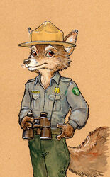  anthro avoid_posting badge binoculars canid canine canis clothing coyote hat headgear headwear looking_at_viewer male mammal police ranger_ron simple_background solo steve_gallacci traditional_media_(artwork) uniform 