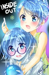  2girls animification bad_id bad_pixiv_id ball blue_eyes blue_hair blue_skin blue_theme buck_teeth chalk colored_skin commentary copyright_name daefny english_commentary flower glasses highres inside_out joy_(inside_out) multiple_girls open_mouth sadness_(inside_out) short_hair simple_background sparkle teeth yellow_skin 