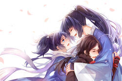  3boys black_hair blue_eyes brown_hair commentary_request crossover haori hug japanese_clothes kashuu_kiyomitsu male_focus multiple_boys okita_souji_(peace_maker_kurogane) open_mouth pananada peace_maker_kurogane petals photoshop_(medium) ponytail scarf shinsengumi smile tears touken_ranbu yamato-no-kami_yasusada 