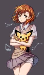  :&lt; bad_id bad_twitter_id blush brown_eyes brown_hair closed_mouth crossed_arms electricity electrokinesis female grey_skirt hair_ornament hairclip holding looking_at_viewer misaka_mikoto nyamunyamu pichu pokemon pokemon_(creature) power_connection short_hair short_sleeves shorts shorts_under_skirt skirt toaru_kagaku_no_railgun toaru_majutsu_no_index 