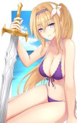  bad_id bad_pixiv_id bikini blonde_hair blue_eyes blue_hairband blue_sky breasts cleavage cloud collarbone day female floating_hair flower front-tie_bikini_top front-tie_top granblue_fantasy grin groin hair_between_eyes hair_flower hair_ornament hairband holding holding_sword holding_weapon jeanne_d&#039;arc_(granblue_fantasy) jeanne_d&#039;arc_(summer)_(granblue_fantasy) large_breasts long_hair looking_at_viewer nankaichimu navel o-ring o-ring_top ocean official_alternate_costume outdoors parted_lips ponytail purple_bikini side-tie_bikini_bottom sitting sky smile solo swimsuit sword very_long_hair weapon white_flower 