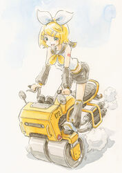  :d arm_tattoo blonde_hair blue_eyes bow commentary_request detached_sleeves epoxy_putty exhaust_pipe female ground_vehicle hair_ornament hairbow hairclip handlebar headphones headset kagamine_rin leg_warmers looking_down machinery motor_vehicle open_mouth painting_(medium) riding sailor_collar segway short_hair shorts side-view_mirror smile solo standing_on_object steamroller tattoo traditional_media unconventional_vehicle vocaloid watercolor_(medium) 